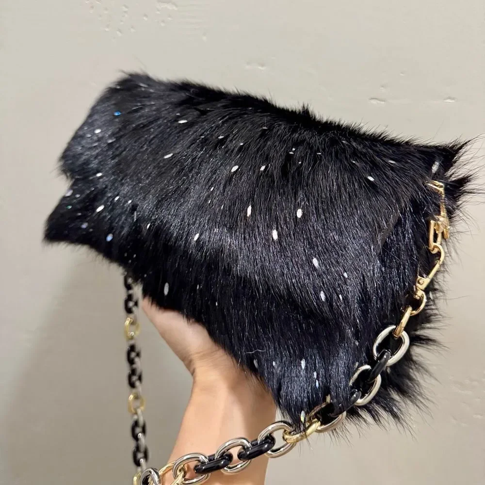 Black Real Goat Hair-on Hide Handmade Baguette Bag, 2 Straps Style